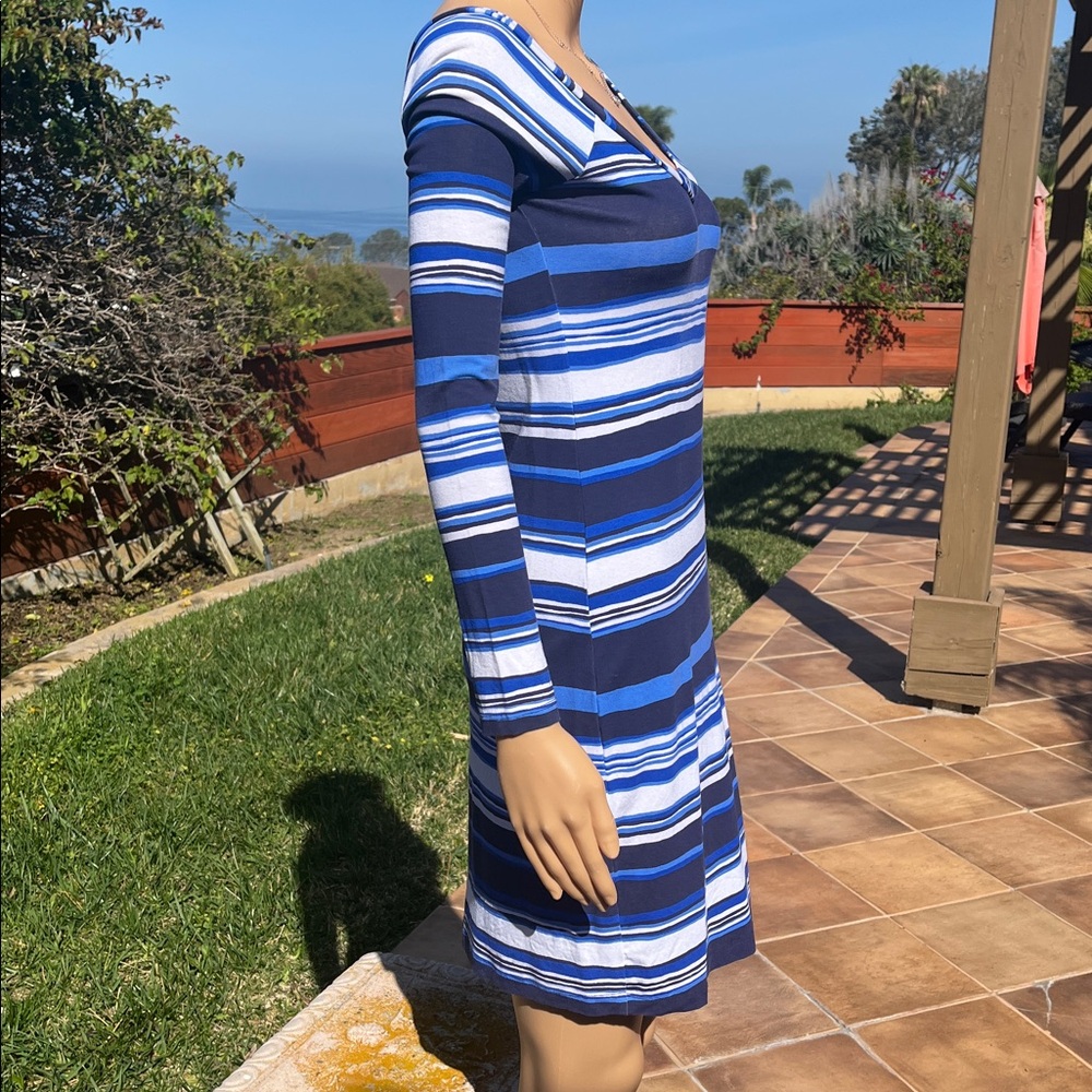 Sporty Lily Pulitzer Striped Blue Long-Sleeve V-Neck Dress - Picture 3 of 8